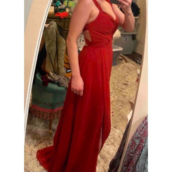 Wedding Guest Rust Sleeveless Evening Gown With Side Slit & Open Back Design - Picture 2 of 13